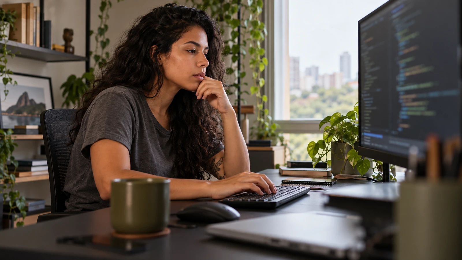 Desenvolvedora programando em um computador no home office