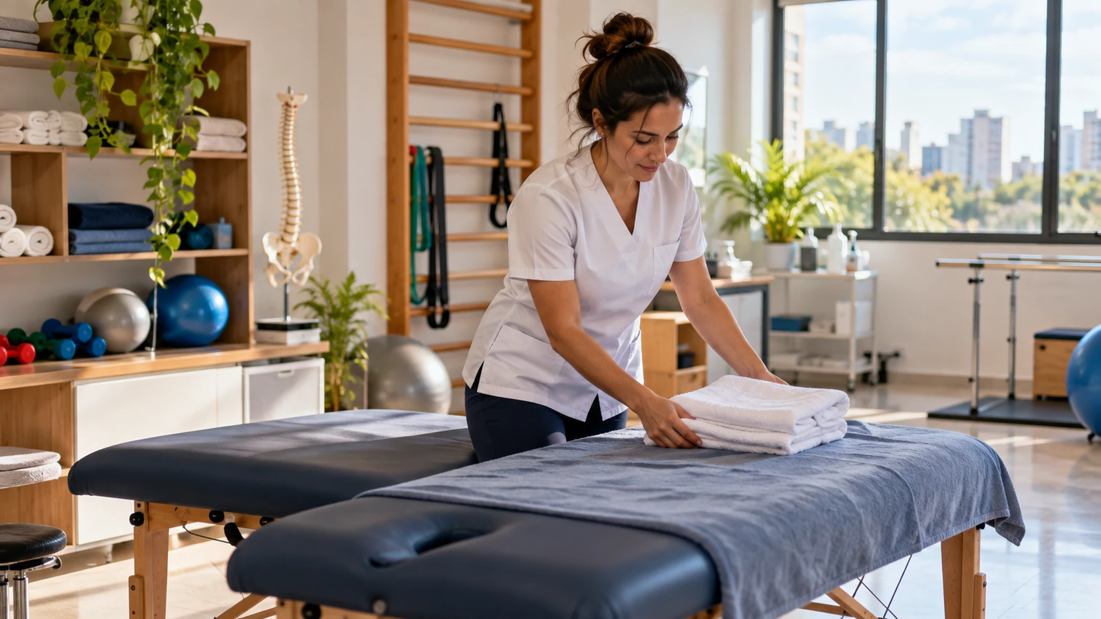 Fisioterapeuta preparando uma clínica de reabilitação para iniciar sua atividade empresarial