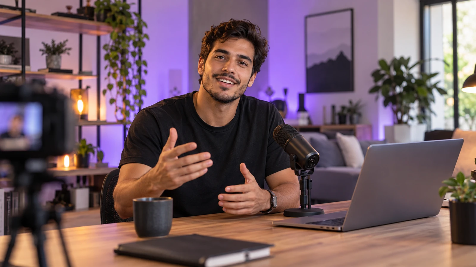 Infoprodutor gravando conteúdo com câmera e microfone em seu estúdio