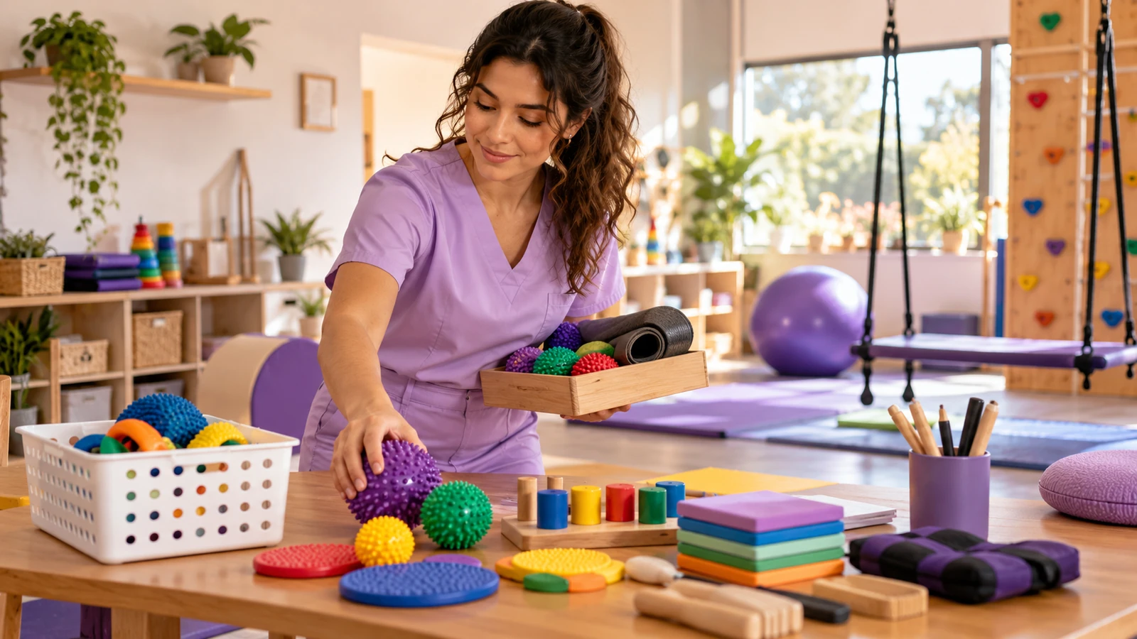 Terapeuta ocupacional organizando materiais para atendimento em uma clínica