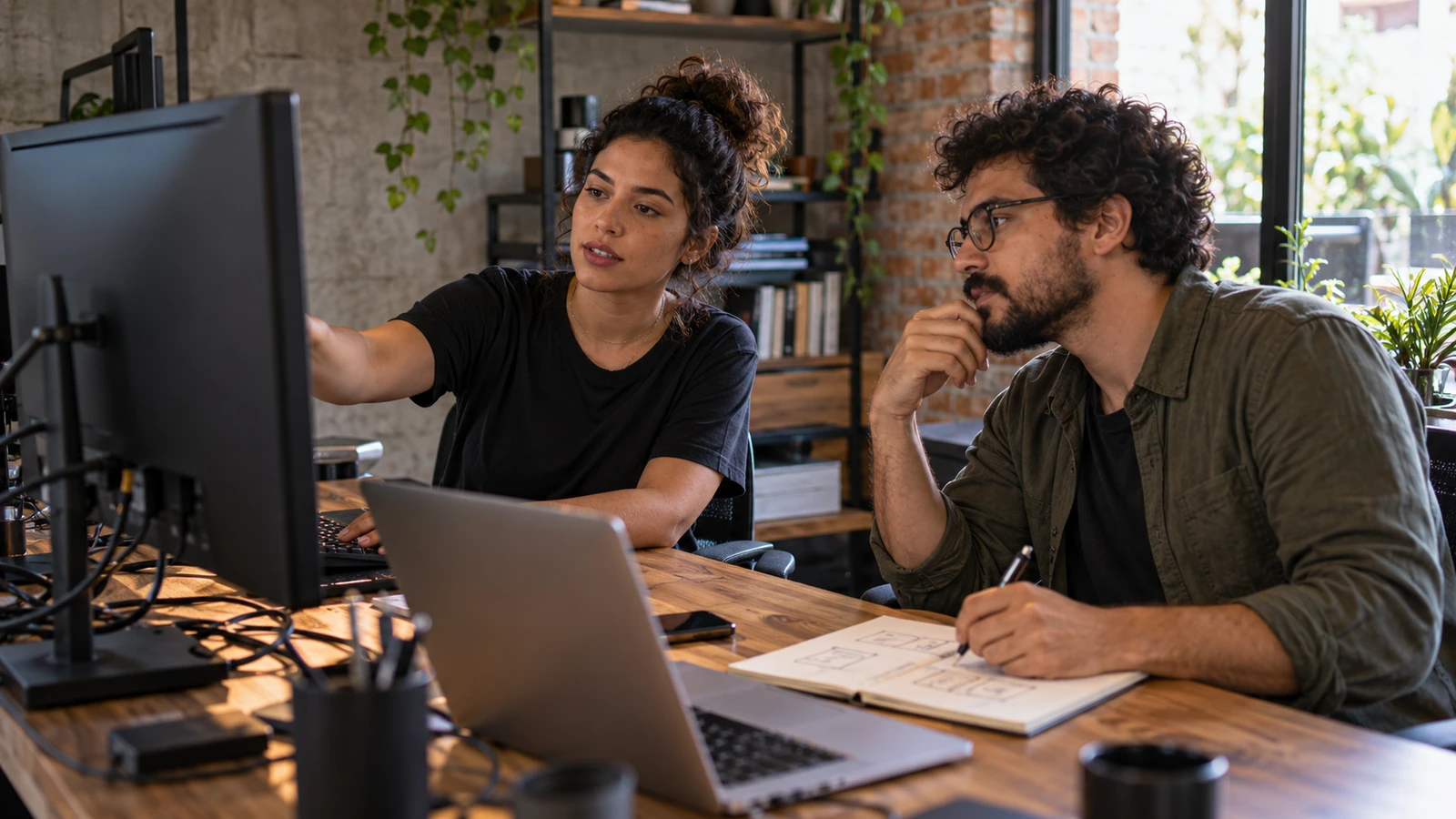 Profissionais de tecnologia colaborando em um estúdio de desenvolvimento