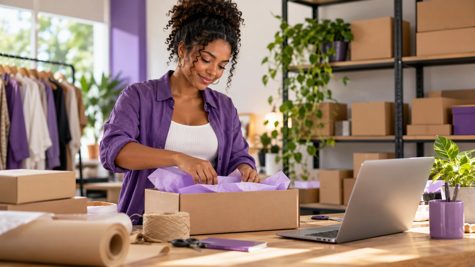 Empreendedora embalando pedidos em uma operação de e-commerce