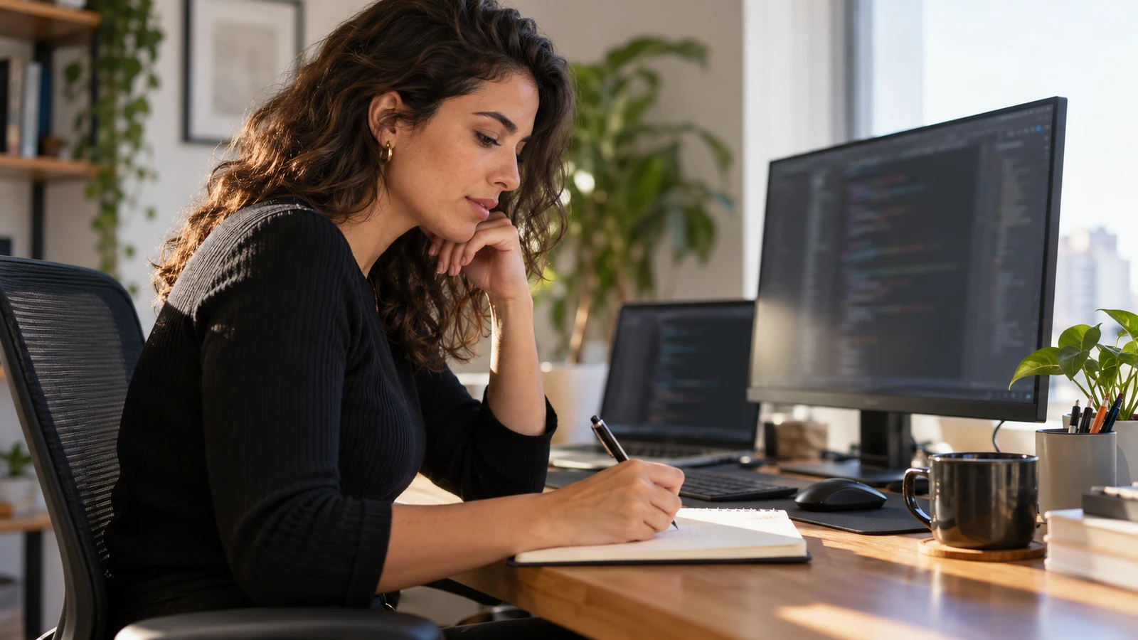 Empreendedora de software organizando a gestão de sua empresa junto à estação de trabalho