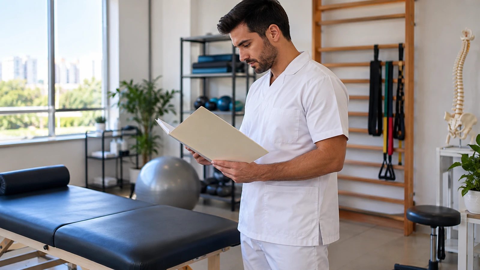 Fisioterapeuta conferindo a organização de uma clínica antes dos atendimentos