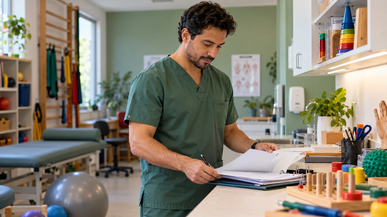 Terapeuta ocupacional organizando documentos administrativos em sua clínica