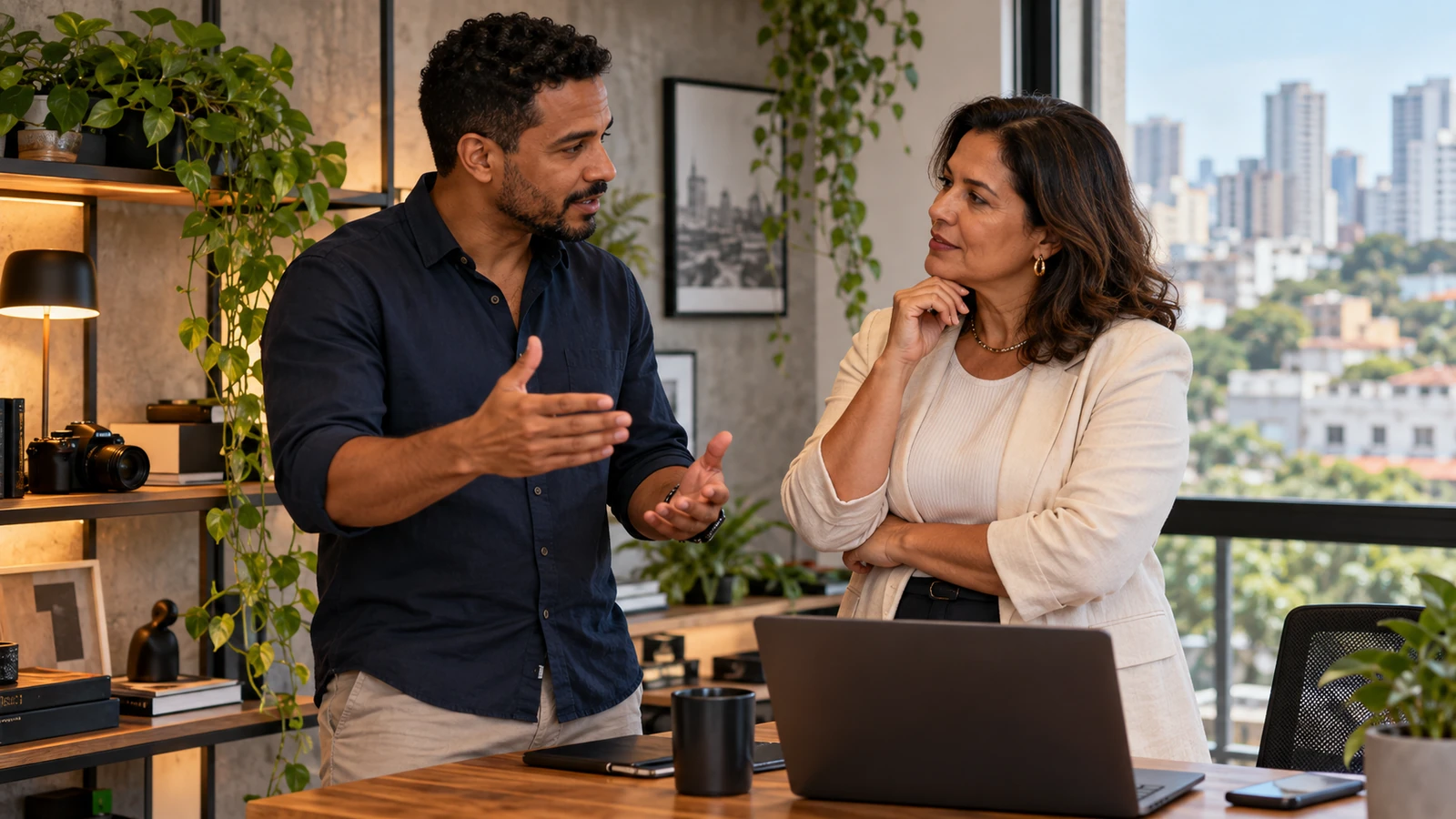 Empresária de serviços discutindo um projeto com cliente em um estúdio de tecnologia e criação