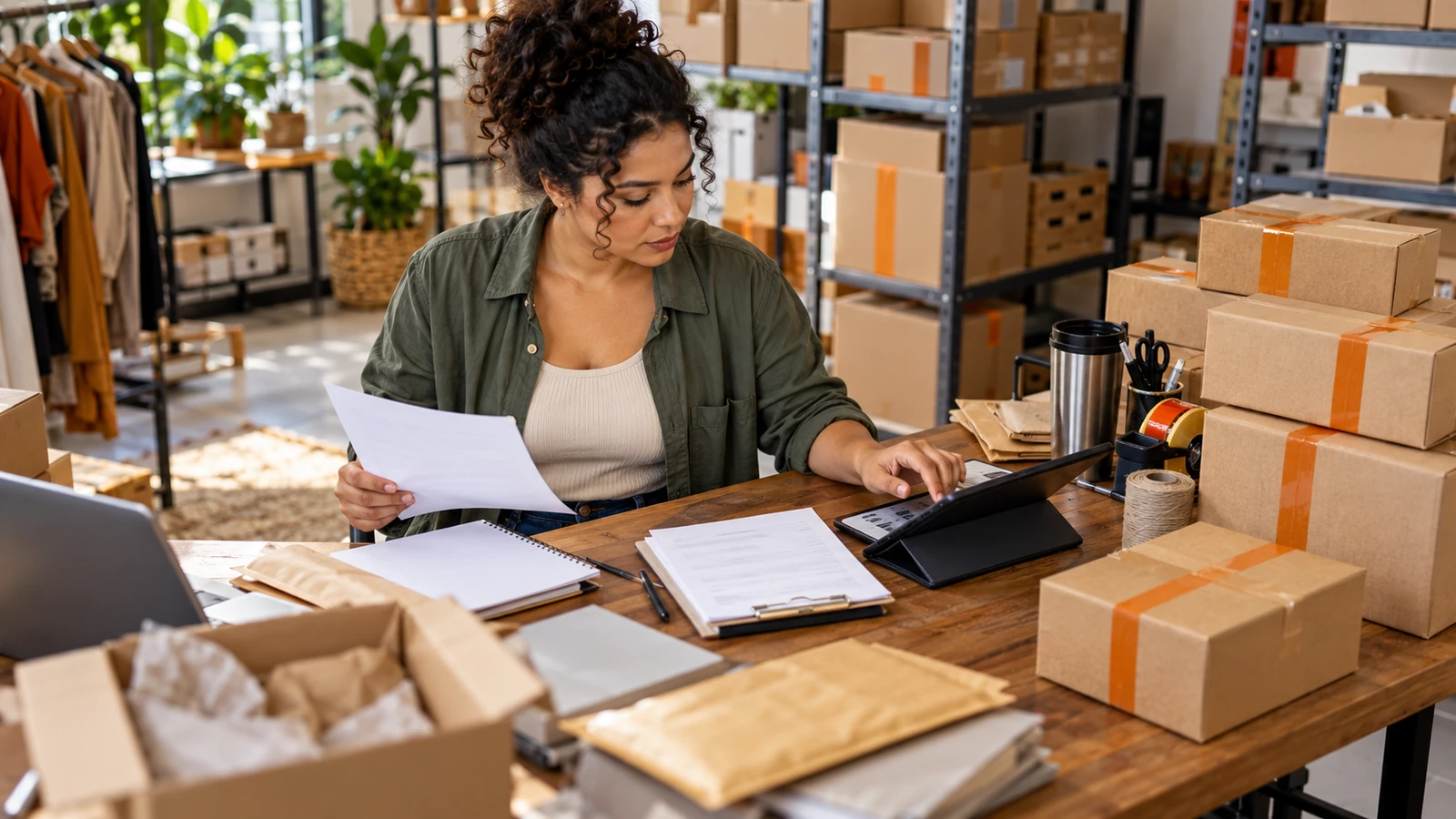 Empreendedora conciliando vendas e pedidos na bancada de seu e-commerce