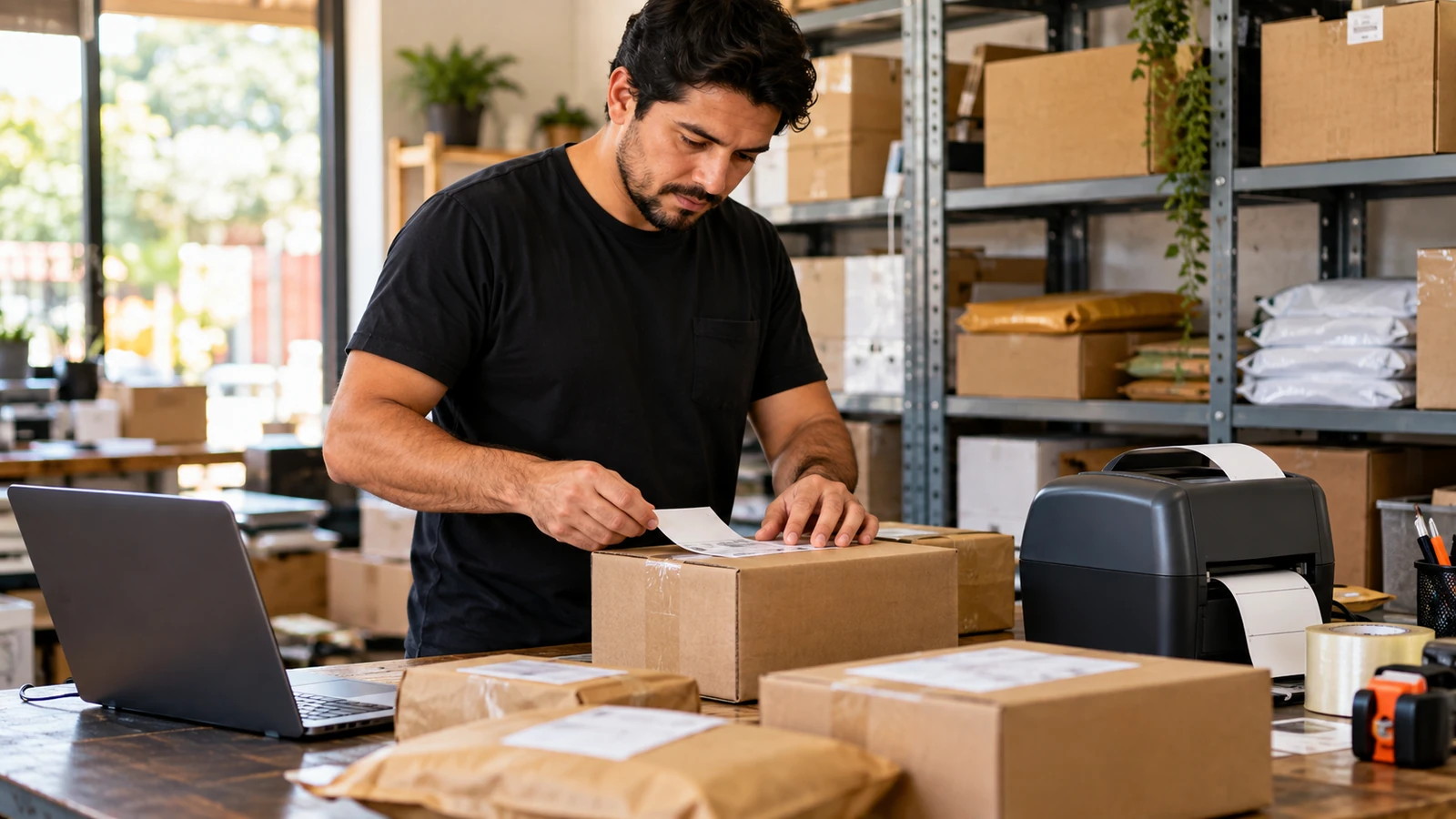 Vendedor de marketplace preparando encomendas e etiquetas para expedição