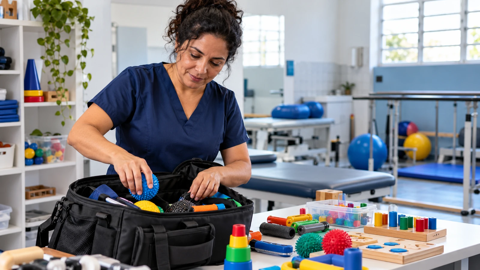 Terapeuta ocupacional preparando materiais em uma bolsa para atendimento