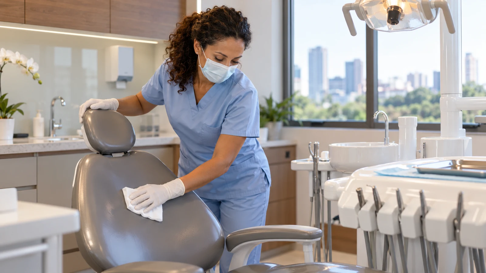 Dentista preparando uma cadeira odontológica entre atendimentos em consultório moderno