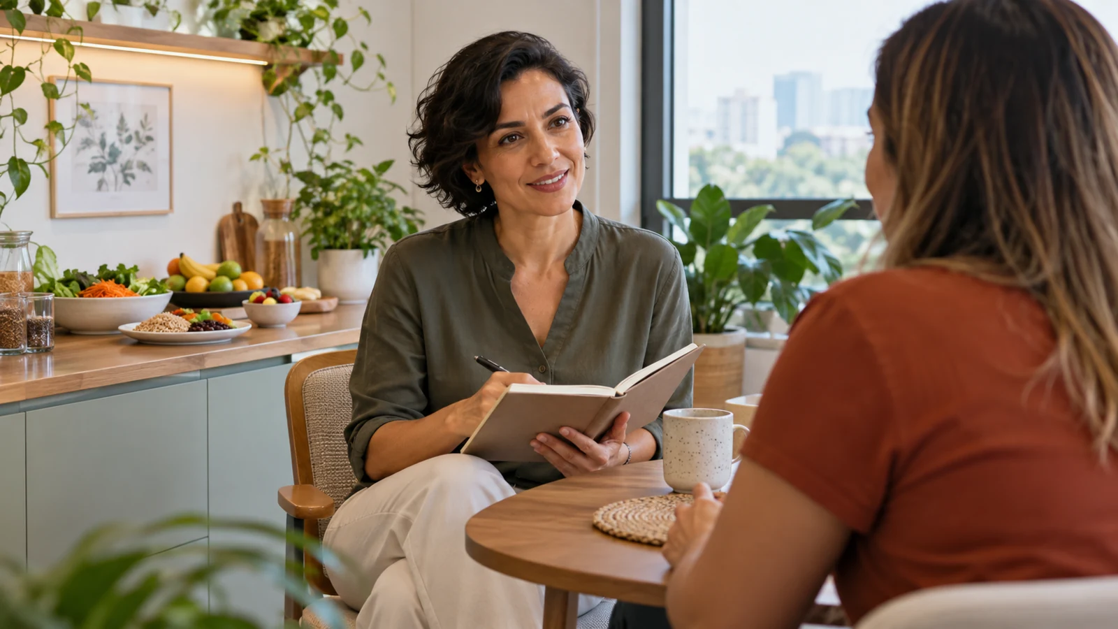 Nutricionista conversando com uma paciente em consultório com alimentos naturais ao fundo
