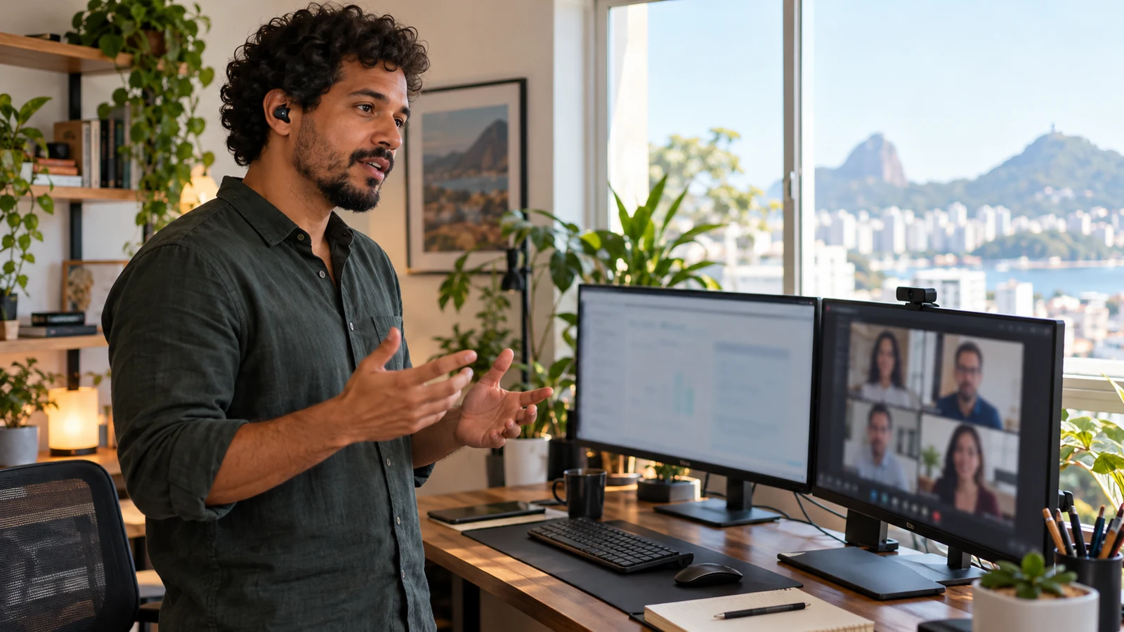 Desenvolvedor conversando por videochamada com uma equipe em seu escritório doméstico